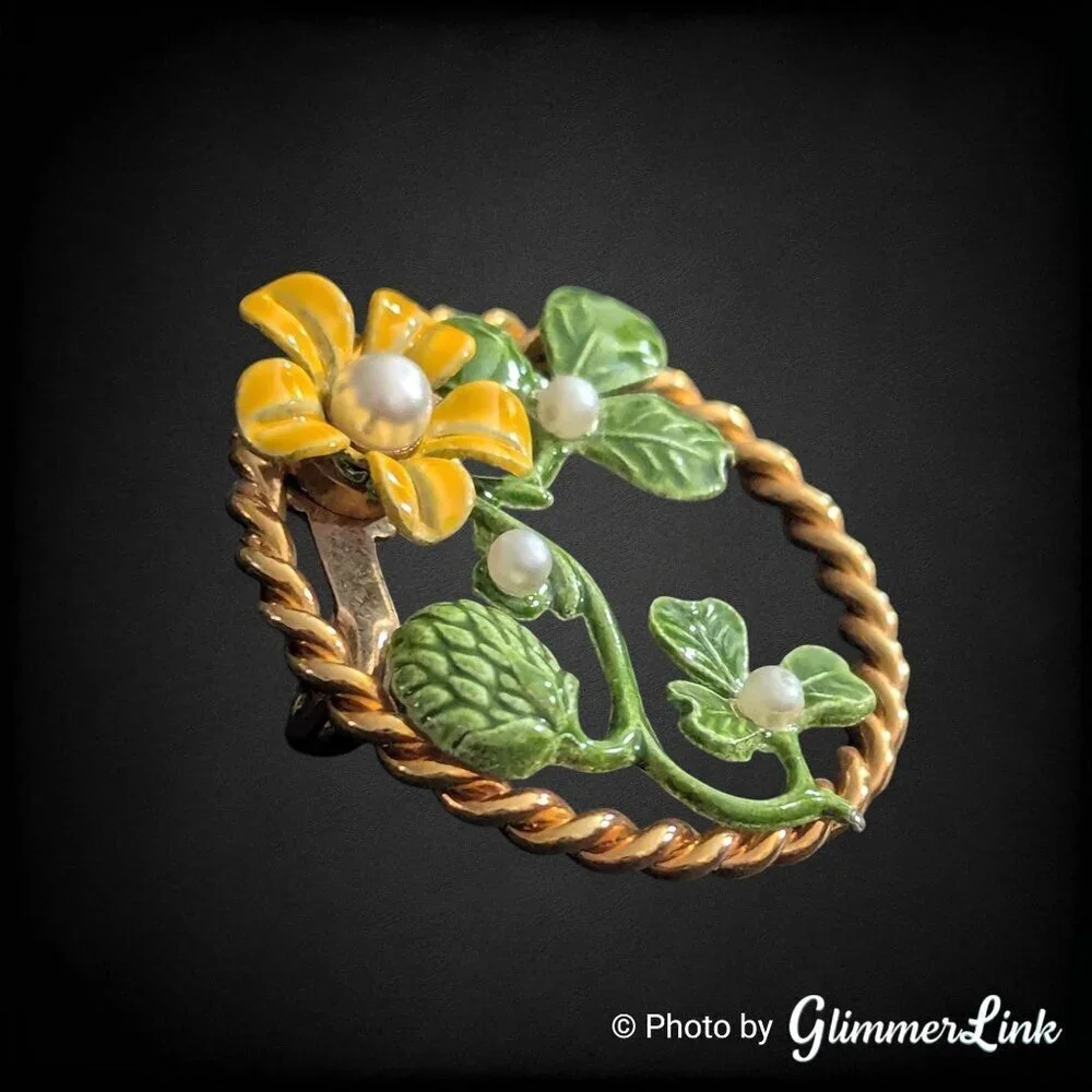 Vintage Enamel Clover Brooch Yellow Flower Green Leaves Faux Pearl Circle Pin
